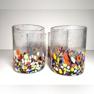 Hand Blown Drinking Glasses Confetti Rock Tumblers Retro Set Of 4 Multicolor Art